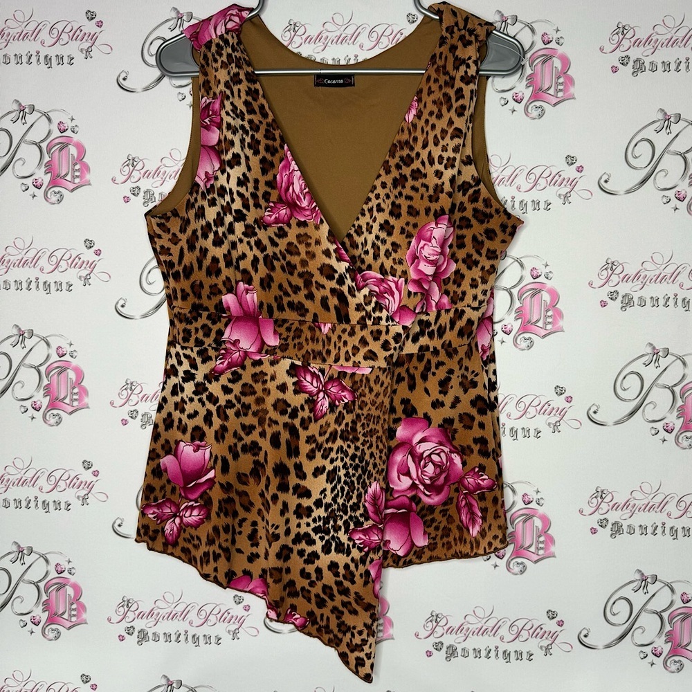 Cocomo tank top cheetah print floral flowers brown black pink fairy top hem